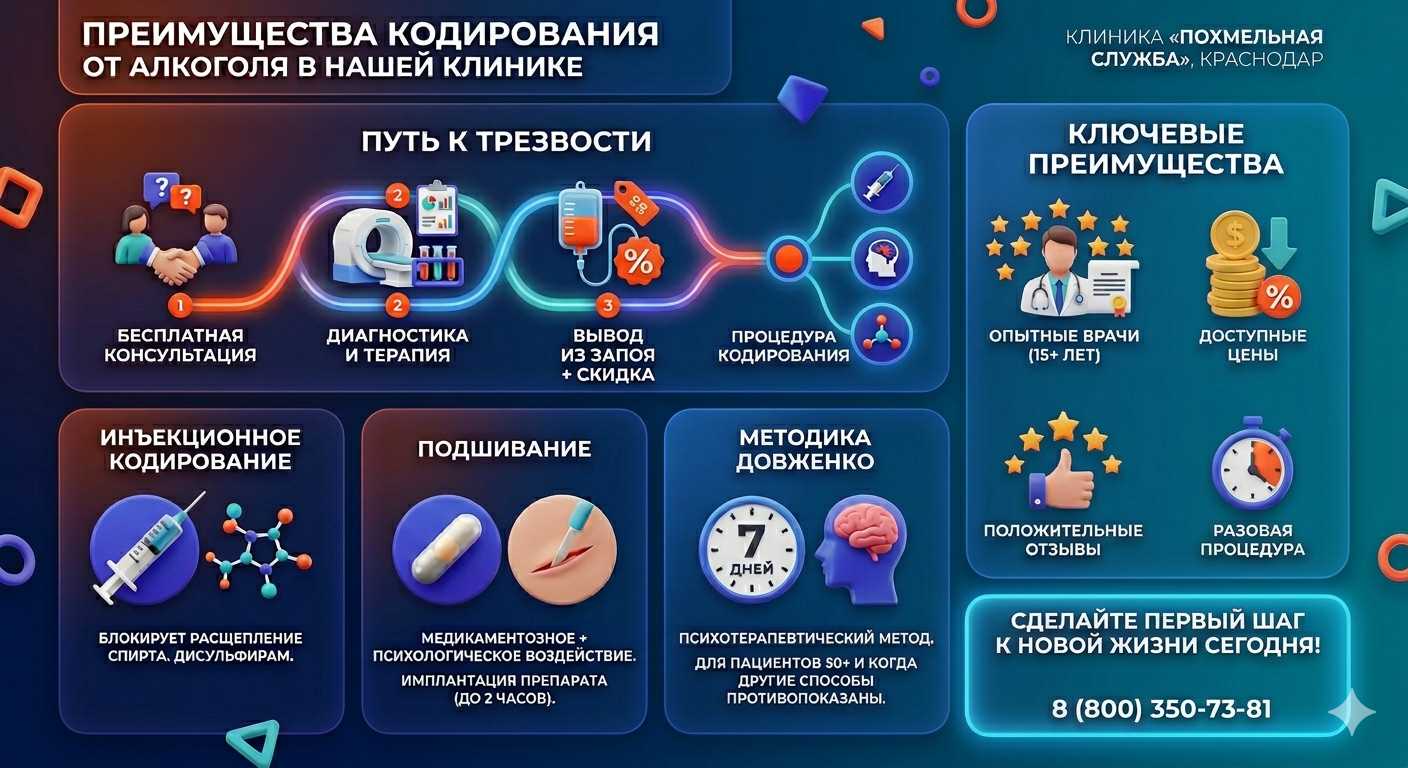 Инфографика о методах кодирования от алкоголя в Алупке: инъекции, подшивание, метод Довженко. Преимущества клиники и этапы лечения.