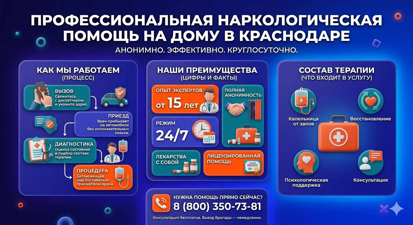 Инфографика о принципах лечения алкоголизма на дому в Алупке: этапы вызова нарколога, преимущества анонимной детоксикации и состав медицинской помощи.
